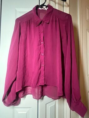 Women’s maroon/purple high low sheer button up blouse size Medium